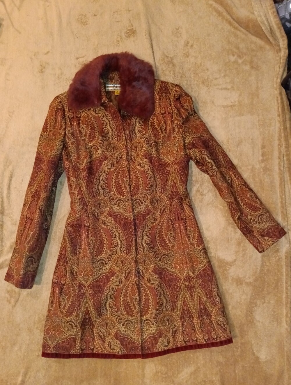 Allen Schwartz Women's Embroidered Coat with Fur Collar -Autumn Hues